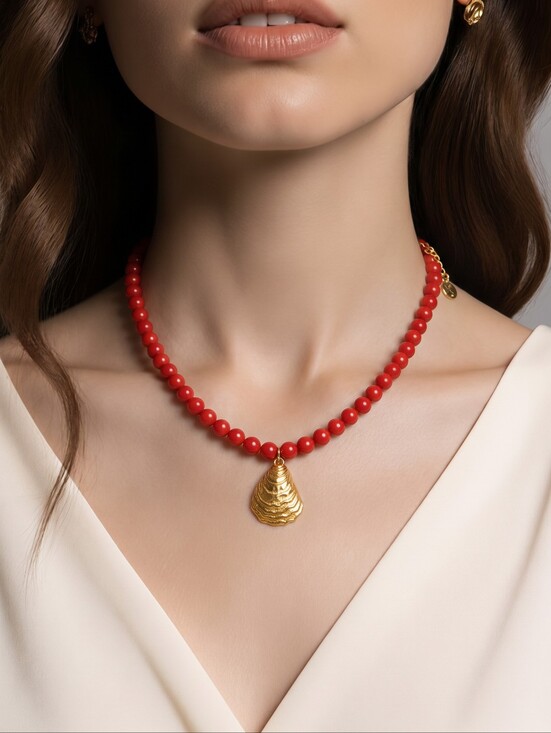 Mayamar Jewelry - Mayamar Red Sandstone Beaded Shell Pendant Necklace & Gift Bag